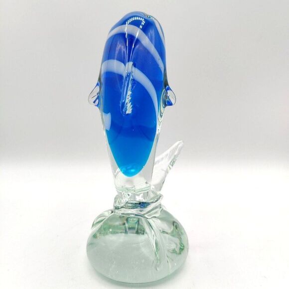 Vintage Striped Glass Dolphin Hand Blown Blue White Art Glass Sculpture 7" Rare - Picture 4 of 13